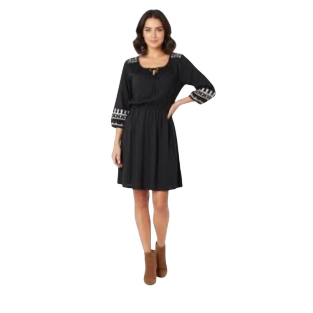Old Navy Black Embroidered Boho Dress Tie Neck 3/4 Sleeve Women's size M